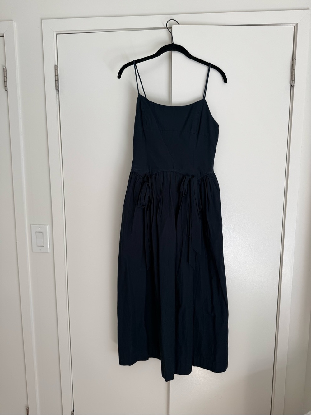 Navy Midi Spaghetti-Strap Dress with Draw Tie Waist